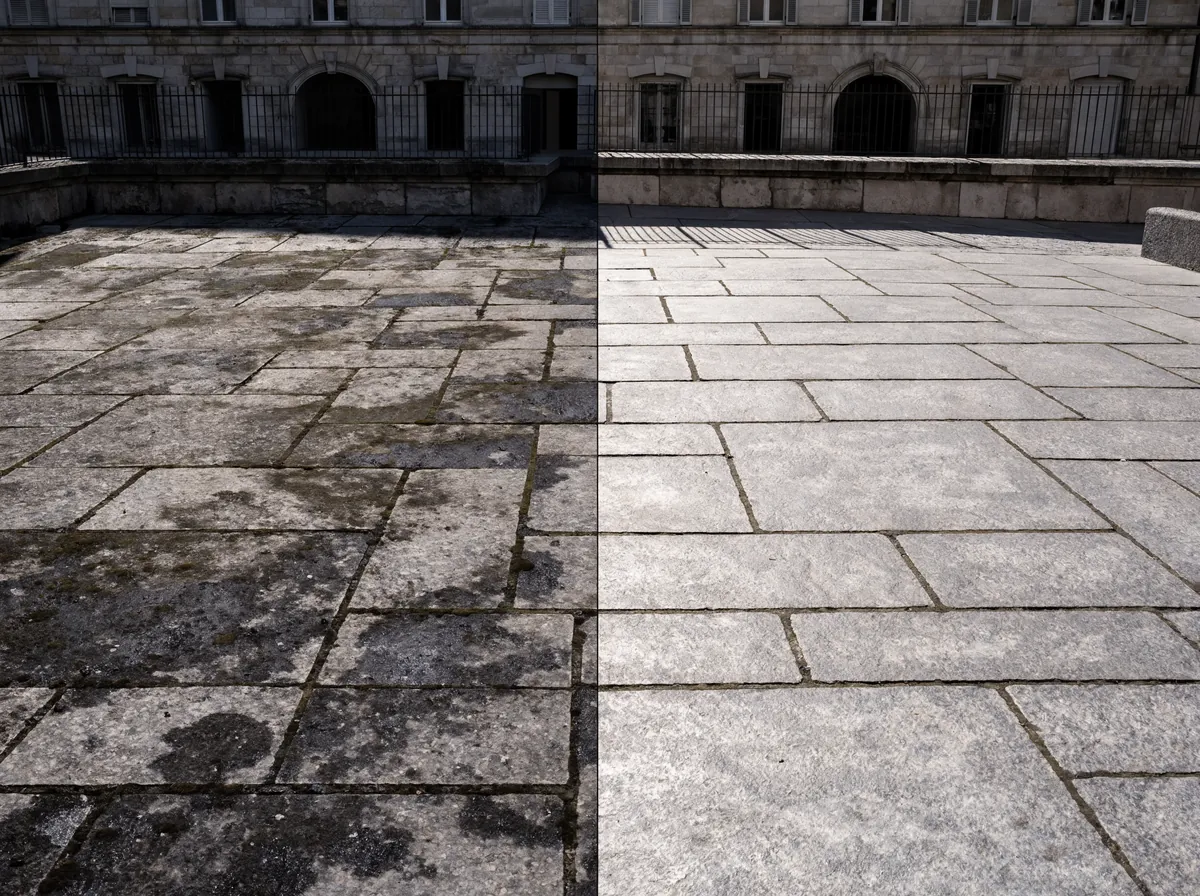 Dallage de cour à Genève : avant et après nettoyage haute pression