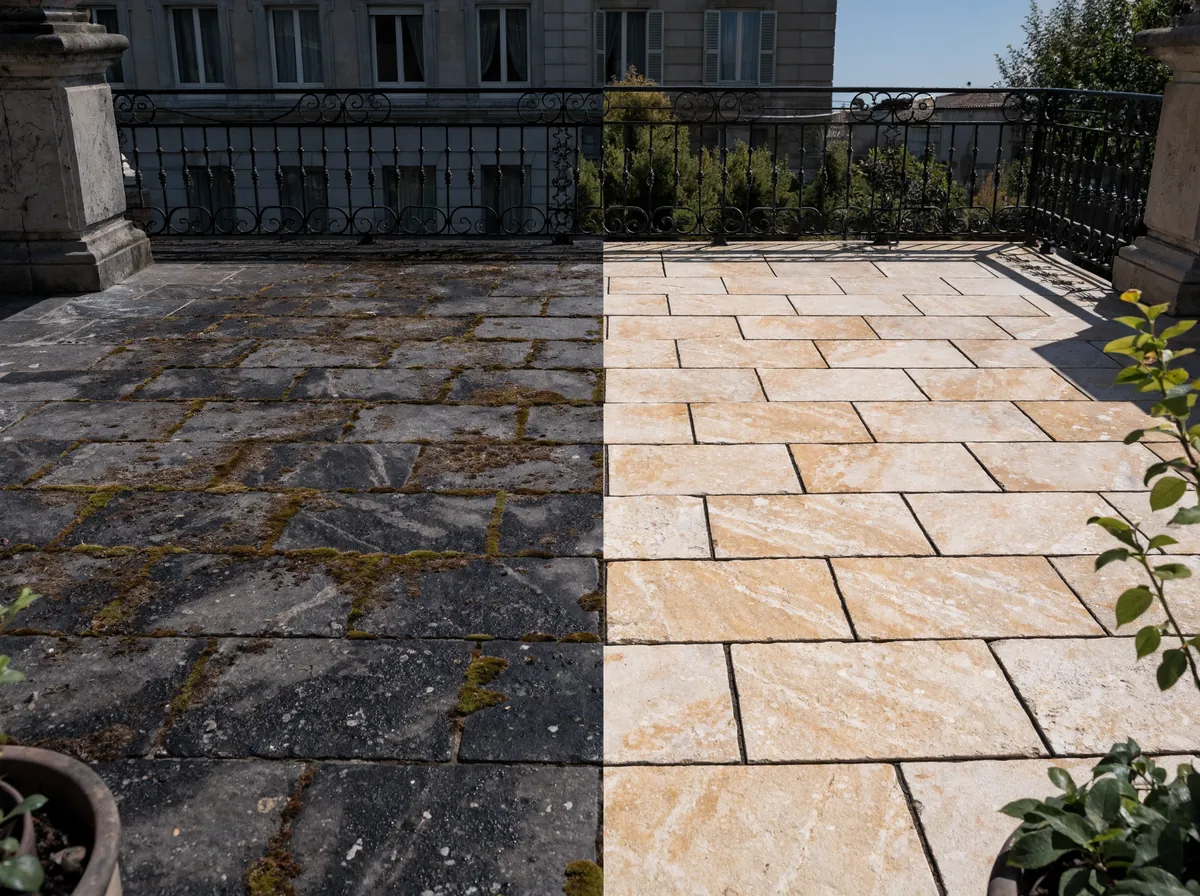 Terrasse en pierre à Genève : avant et après nettoyage et démoussage