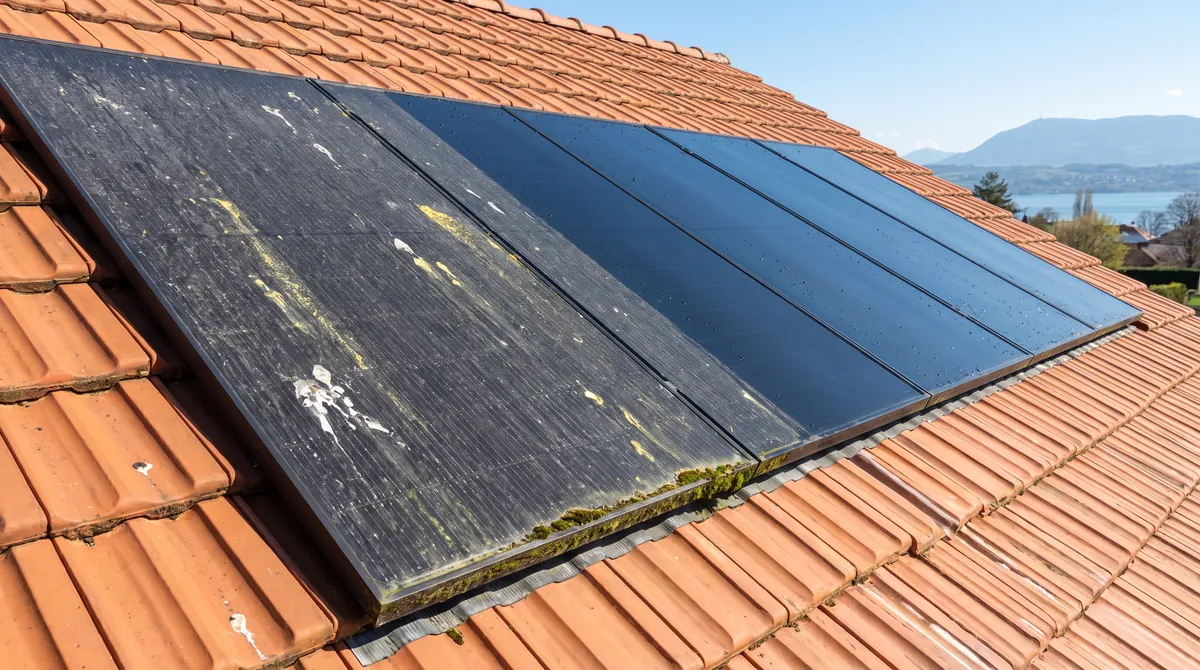 Panneaux photovoltaïques encrassés (pollen, fientes, mousse) à gauche, nettoyés à droite